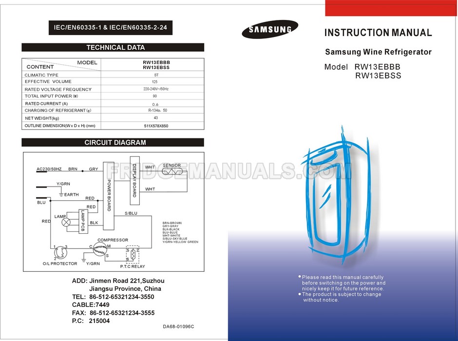 Samsung RW13EBSS Wine Cooler Instruction Manual